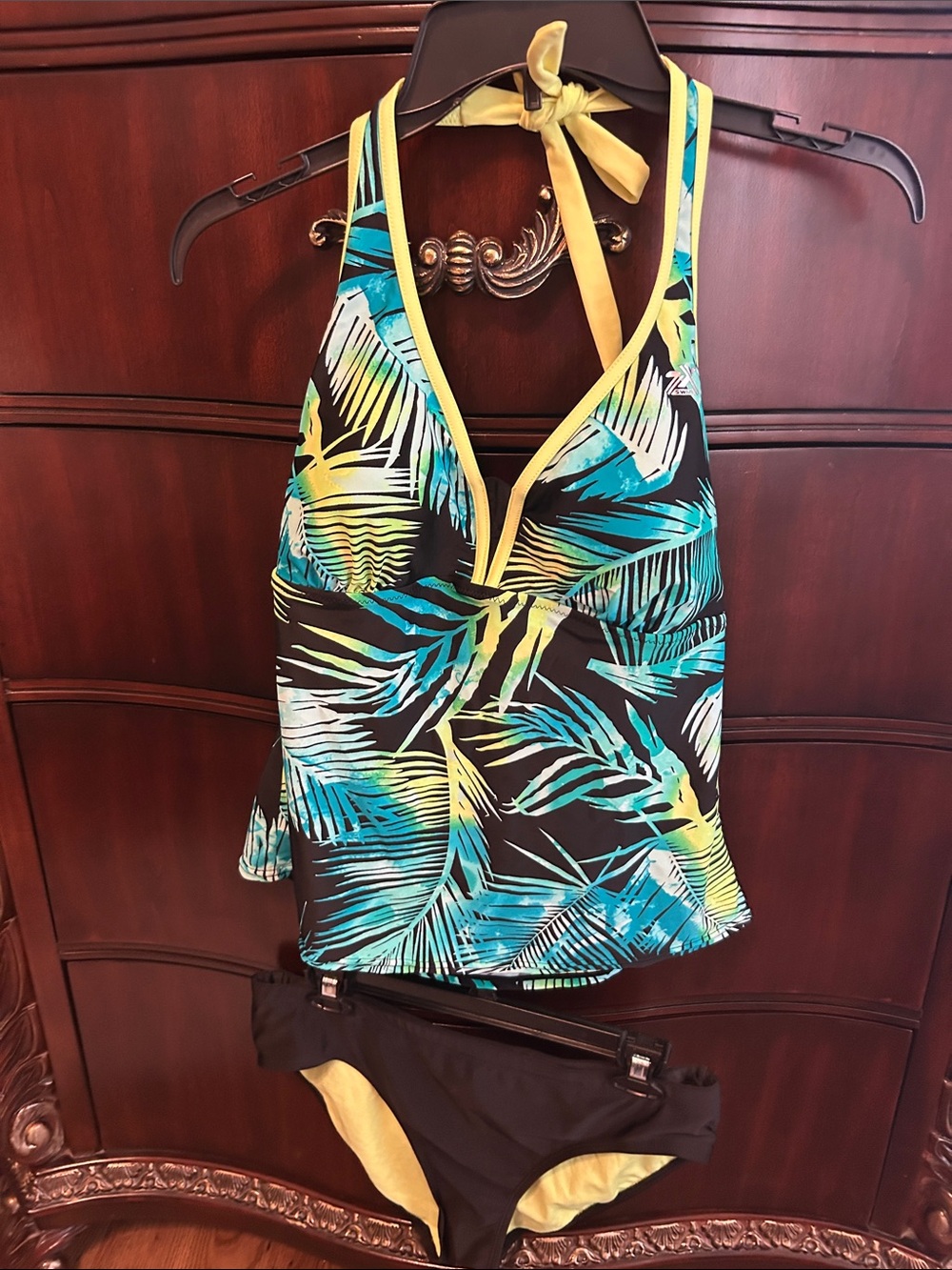 ZeroXposur Black Tankini Top with Teal and Yellow Palm Print